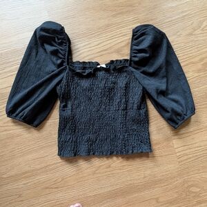 H&M Black Smocked Puff Sleeve Crop Top Small